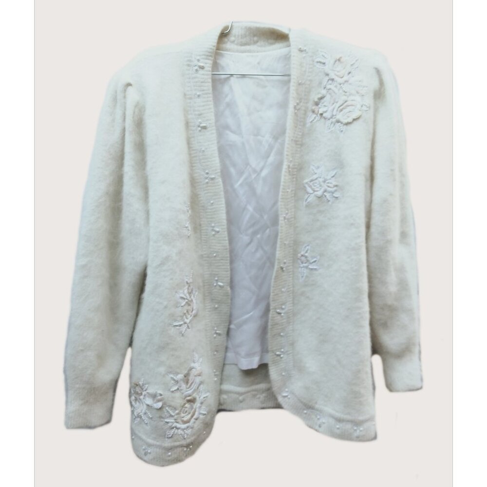 Womens Vintage Angora Ivory Pearl Beaded Embellished Cardigan Sweater Warm Cozy